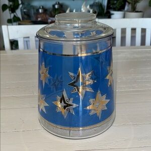 Bartlett Collins Glass Canister Blue/gold atomic Starburst vintage pre 1970